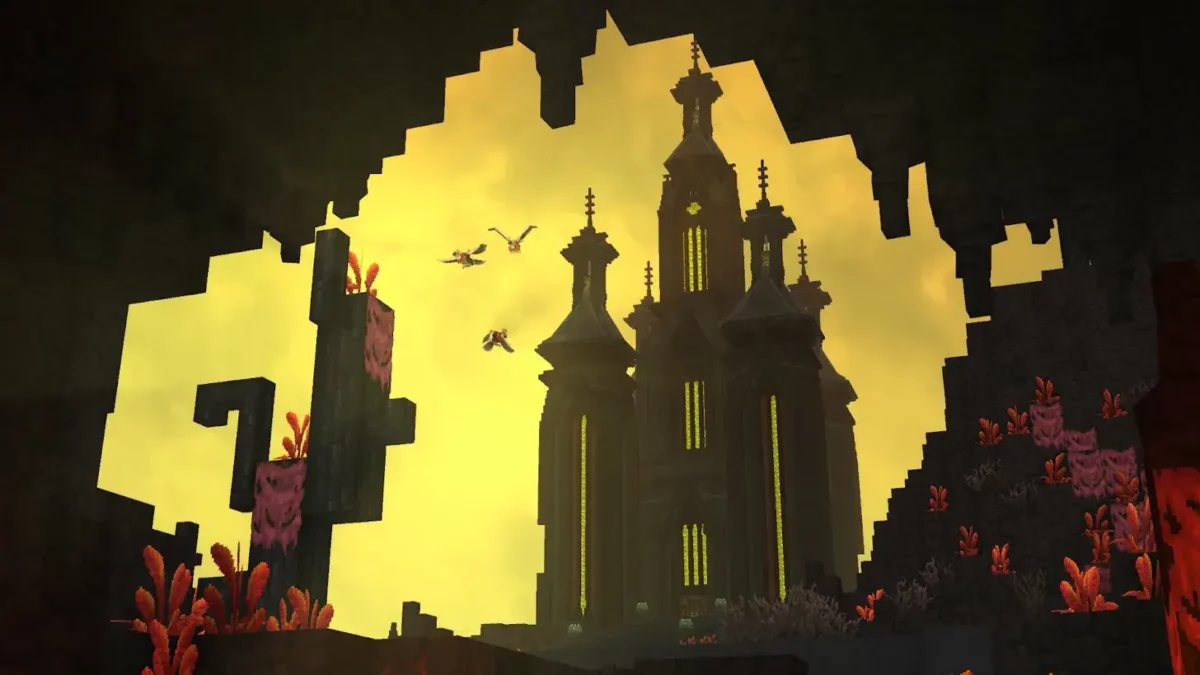 Structure gothique imposante dans la Zone 4 de Hytale, entourée de végétation rouge et de créatures volantes
