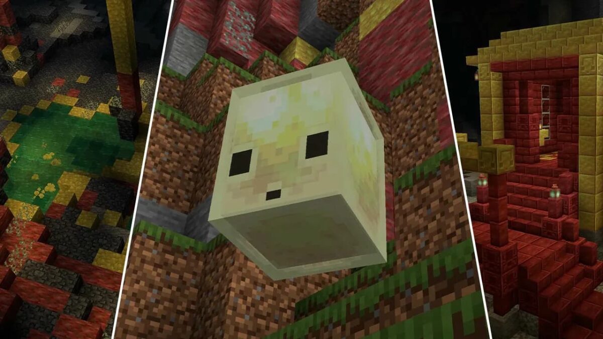 Triptyque du game drop Chaos Cubed : grottes de soufre verdâtres à gauche, sulfur cube flottant au centre, et intérieur d'un temple en cinabre rouge à droite
