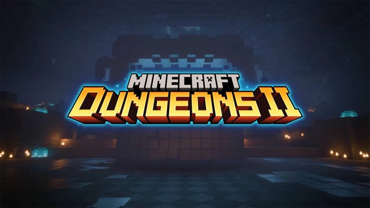 Logo officiel de Minecraft Dungeons II en lettres dorées et bleues, devant un donjon sombre éclairé par des torches de soul fire