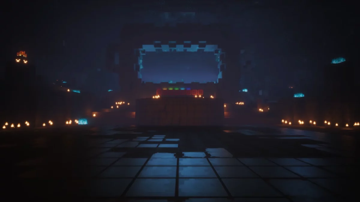 Capture du trailer de Minecraft Dungeons II montrant un mystérieux portail éclairé de bleu et de torches de soul fire dans un décor sombre rappelant le Deep Dark