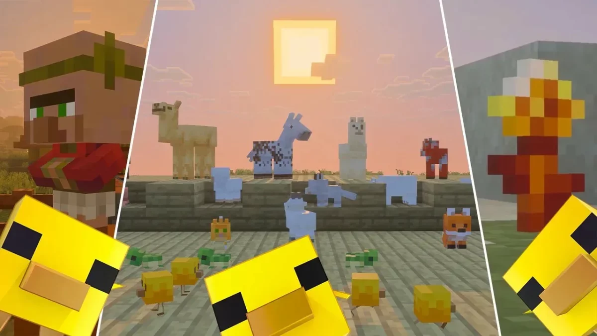 Bébés mobs au nouveau design dans Minecraft : abeilles, poussins, renards et lamas miniatures rassemblés au coucher du soleil aux côtés d'un villageois