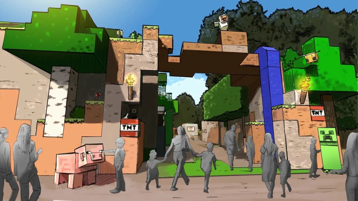 Concept art d'une allée du parc Minecraft World avec des familles, un cochon géant, des blocs de TNT, un Creeper et des abeilles en hauteur