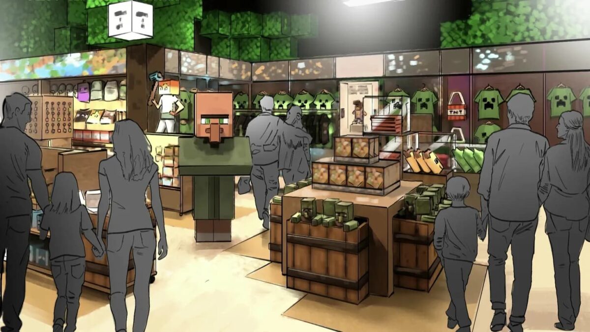 Concept art de la boutique Minecraft World avec des visiteurs, des t-shirts Creeper, des peluches, des figurines et un décor en blocs de feuillage