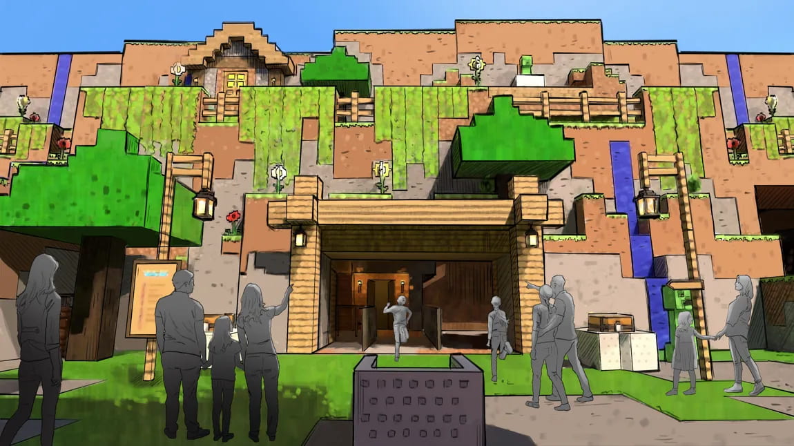 Concept art de Minecraft World montrant l'entrée d'une attraction en blocs de bois et de terre avec de la végétation, des visiteurs devant la façade