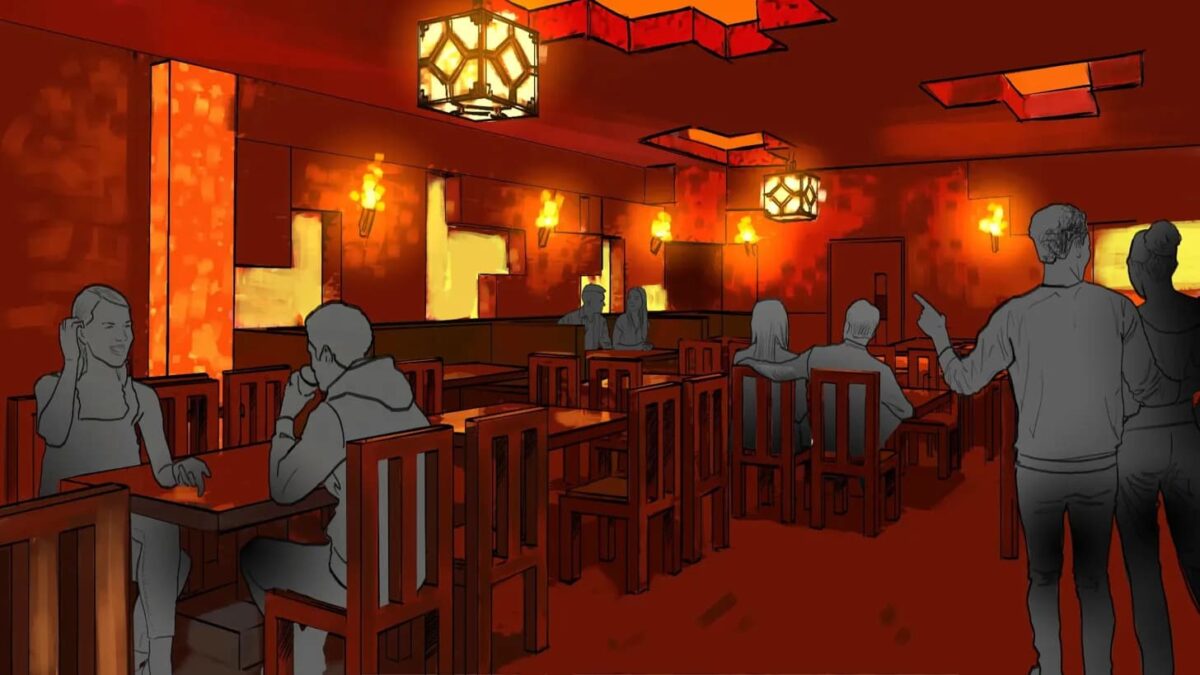 Concept art d'un restaurant thématique Nether dans Minecraft World, éclairé par des flammes et de la lave, avec des tables et chaises en bois cubique