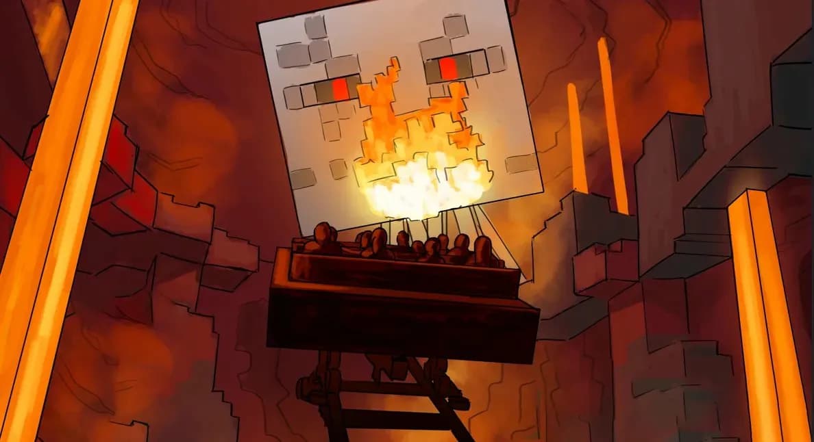 Concept art du roller coaster Minecraft World dans un décor de Nether rouge et orange, un Ghast crachant du feu face aux passagers