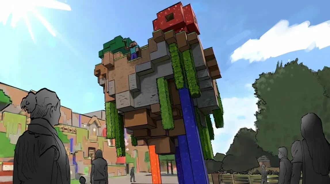 Concept art d'une haute tour en blocs Minecraft avec cascade de lave et d'eau, des lianes et un toit en briques rouges, visiteurs en contrebas