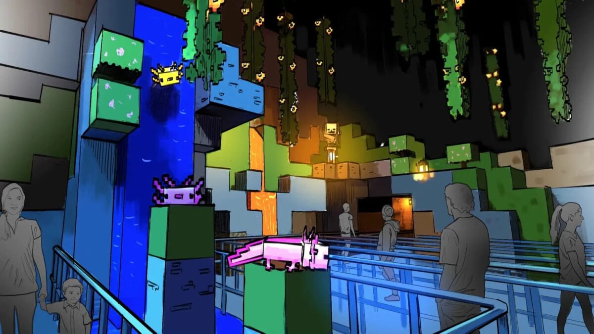 Concept art d'une zone souterraine du parc avec un axolotl rose lumineux, des cascades bleues, des lianes, un squelette et des visiteurs sur une passerelle
