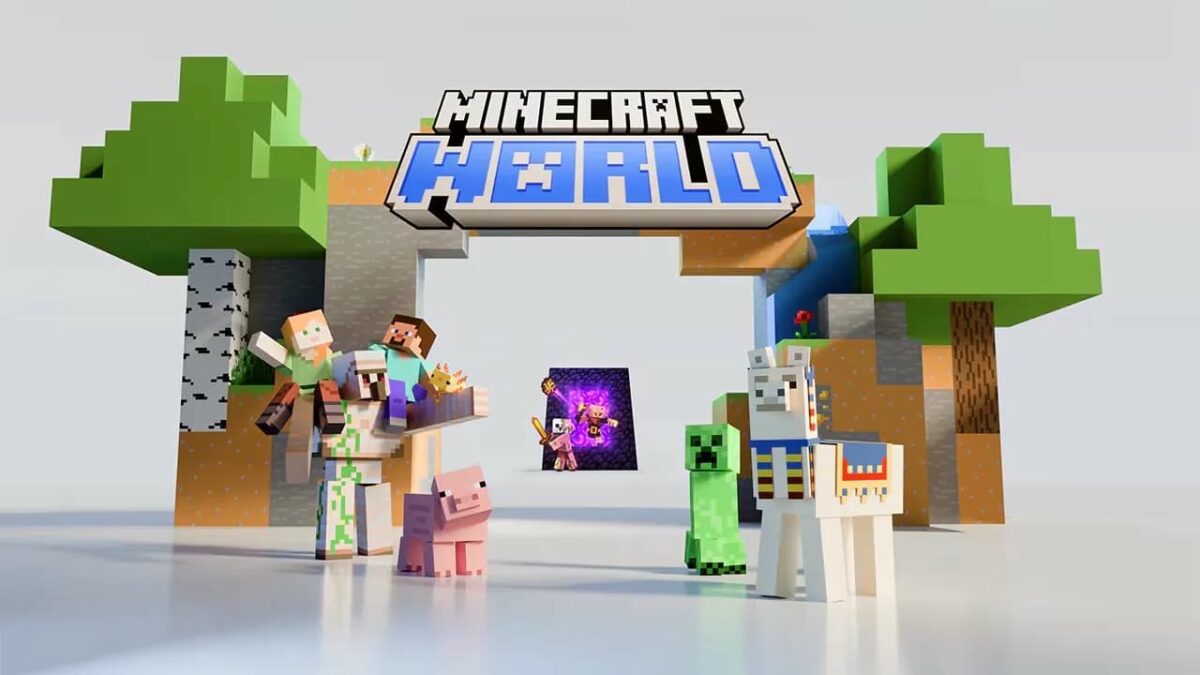 Visuel officiel de Minecraft World montrant Steve, Alex, un Creeper, un lama et un cochon sous une arche en blocs avec le logo du parc