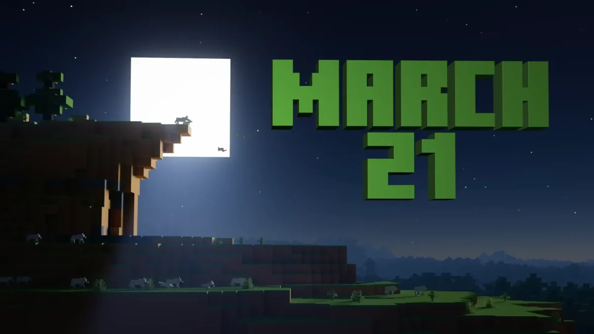Scène nocturne du trailer Minecraft LIVE mars 2026 avec la date March 21 en lettres vertes, une falaise, la lune carrée et un bébé loup en chute libre