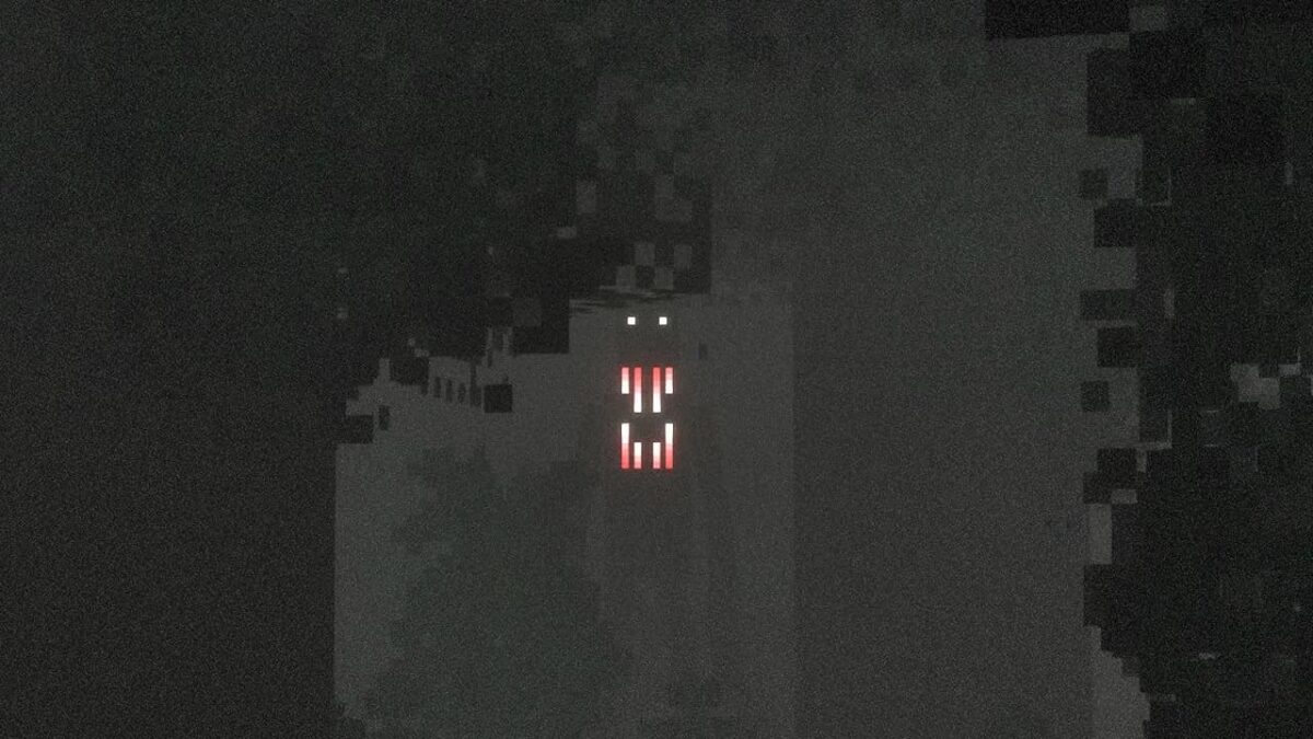 Créature aux yeux brillants et au corps lumineux rouge apparaissant dans l'obscurité totale du modpack Minecraft DREAD
