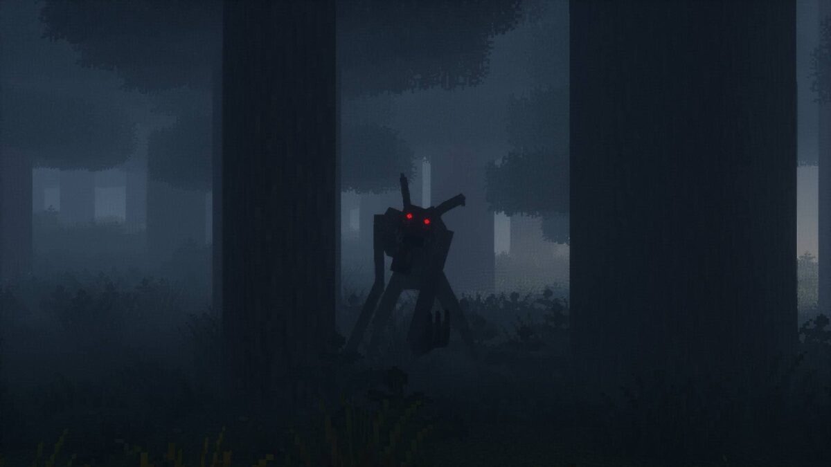 Créature sombre aux yeux rouges dans une forêt brumeuse de nuit dans le modpack Minecraft DREAD