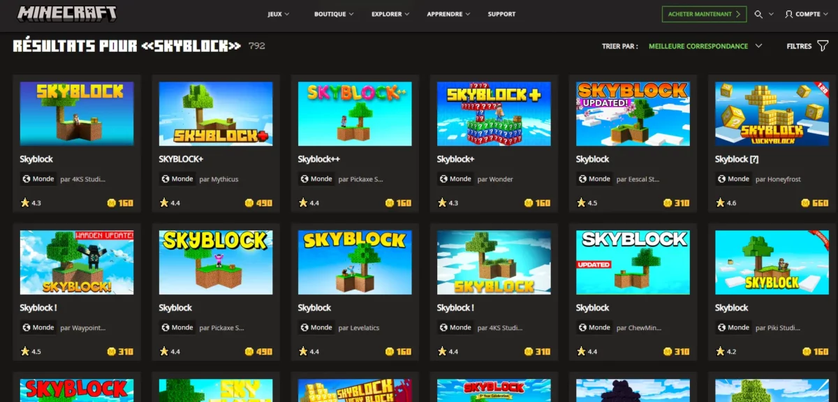 il y a 792 résultats à la recherche "Skyblock" sur le Marketplace de Minecraft.
