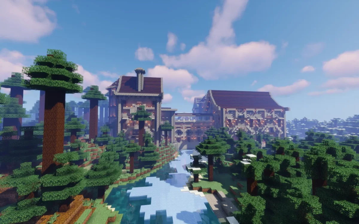 mod Minecraft The Lost Castle vue du château depuis une forêt taïga traversée par une rivière