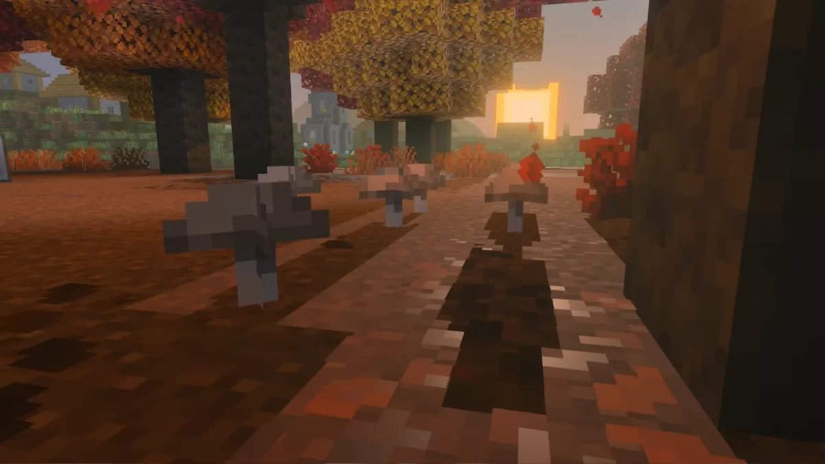 Minecraft forêt de peuplier avec des arbustes rouges et des buissons gris sur un sol de terre