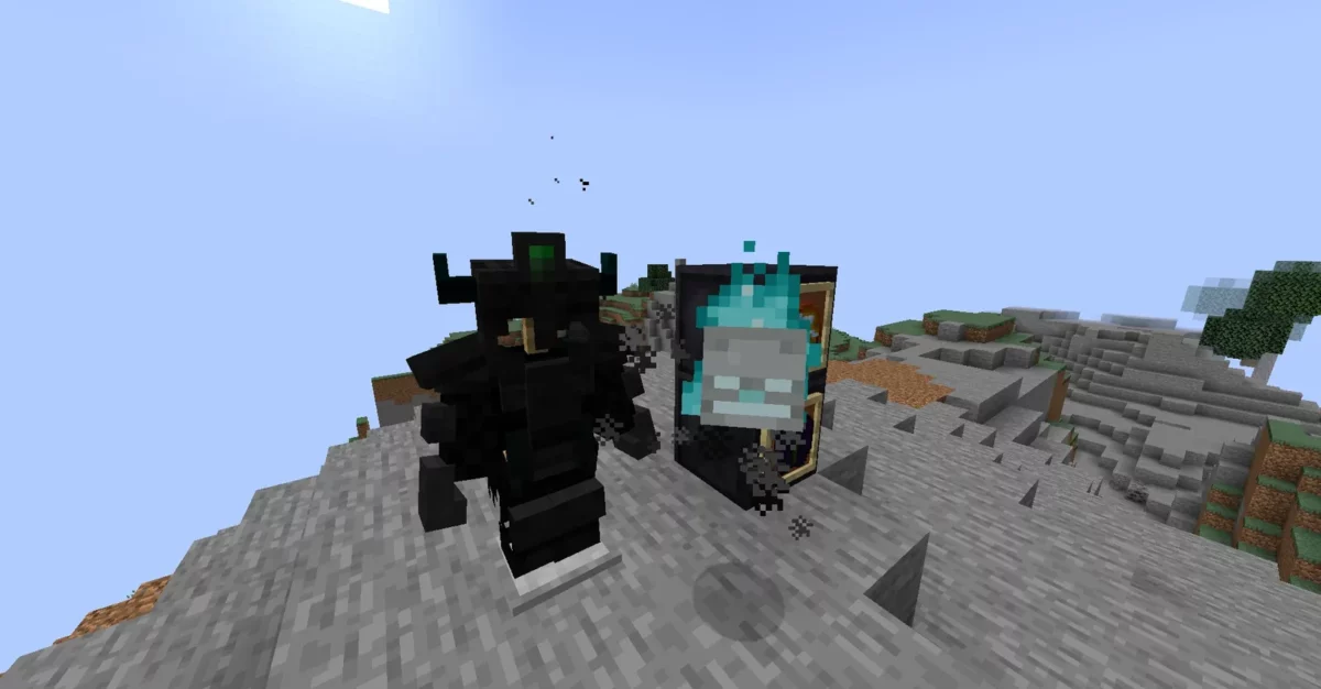 mod Minecraft Goety The Dark Arts personnage en armure sombre face à un crâne hanté cubique flottant
