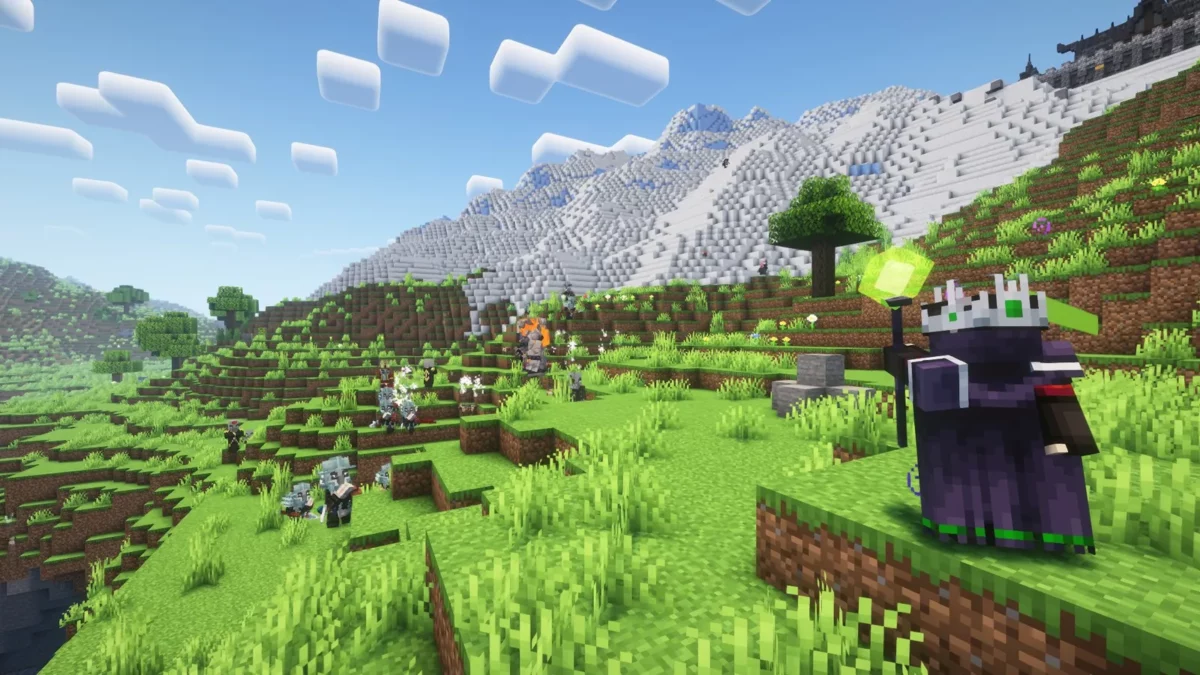 mod Minecraft Goety The Dark Arts personnage observant un assaut d'illagers et de serviteurs dans un paysage montagneux