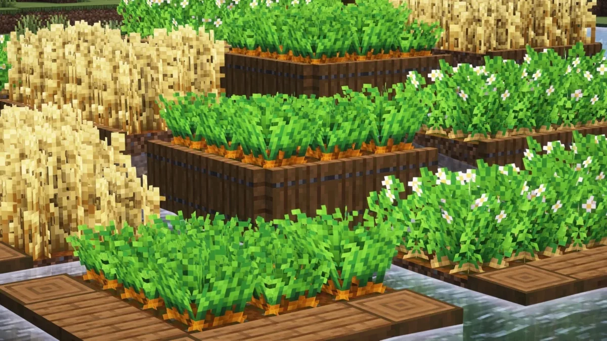pack de texture Minecraft Fancy Crops vue rapprochée de plusieurs cultures dans des bacs surélevés en bois