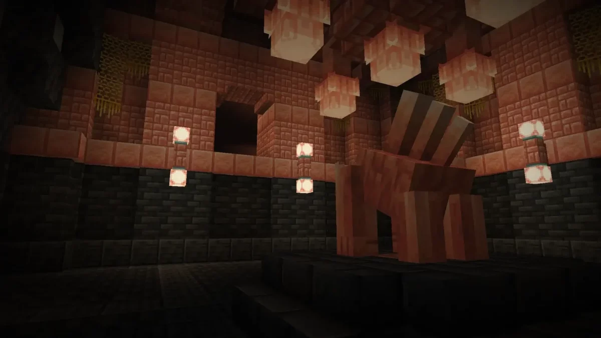 mod Minecraft Galosphere Berserker en sommeil dans la salle centrale du sanctuaire en sel rose éclairée par des lampes