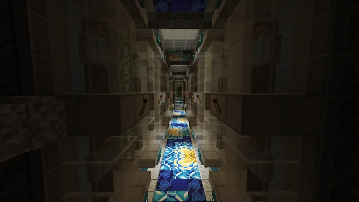 map Minecraft Mosslorn allee centrale de la grande bibliotheque avec tapis bleu et or et etageres pleines