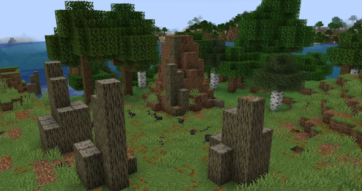 mod Minecraft Spawn biome jardin de fourmis avec troncs pourris et colonie de fourmis au sol