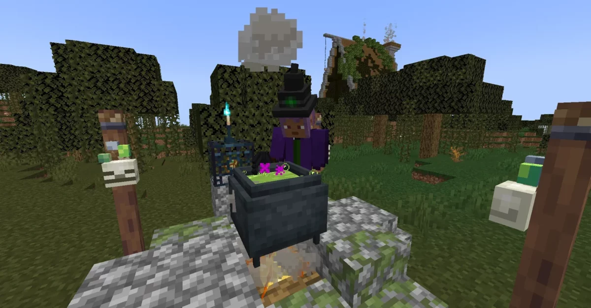 mod Minecraft Goety The Dark Arts sorcière brassant une potion verte dans un chaudron au-dessus d'un feu