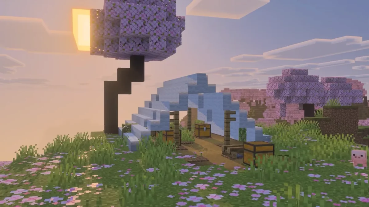 Minecraft camp abandonné en laine bleu clair avec plusieurs coffres de butin au lever du soleil