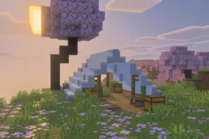 Où trouver un camp abandonné dans Minecraft ? Minecraft camp abandonné en laine bleu clair avec plusieurs coffres de butin au lever du soleil