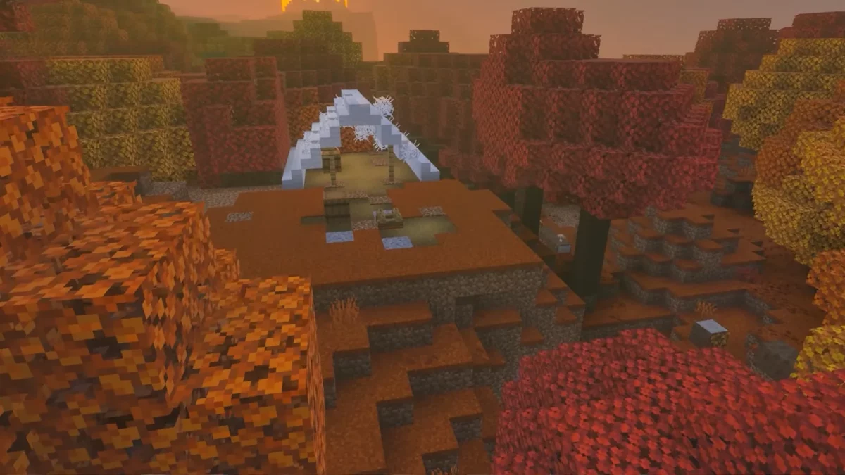 Minecraft camp abandonné en laine blanche au milieu d'une forêt de peuplier rouge et orange
