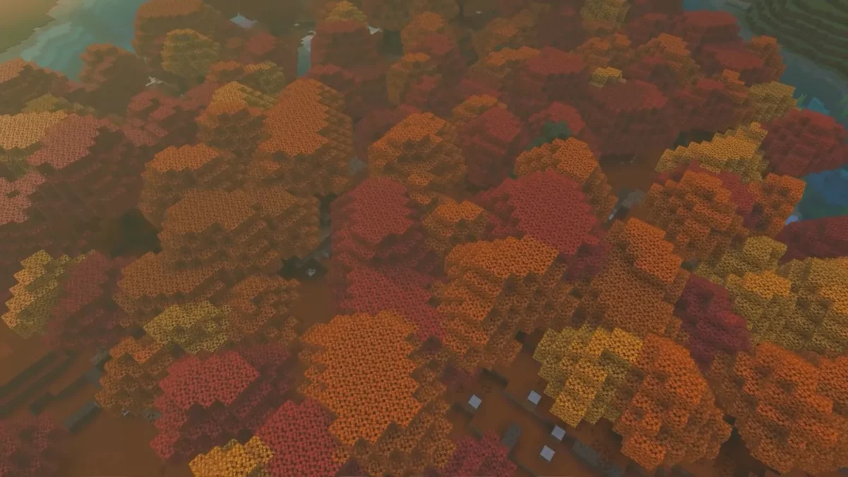 Minecraft forêt de peuplier vue d'en haut avec une canopée dense rouge orange et jaune
