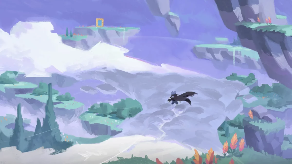 Concept art d'Aether Legends montrant un joueur en cape planant près d'un portail dans Minecraft