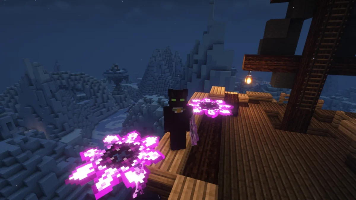 mod Minecraft Aquamirae le capitaine fantome Cornelia entoure de fleurs lumineuses roses sur le pont d'un navire