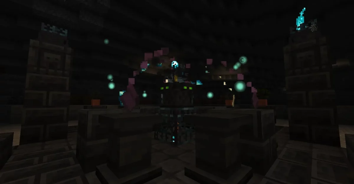 mod Minecraft Goety The Dark Arts chambre rituelle obscure avec piédestaux entourés de particules magiques