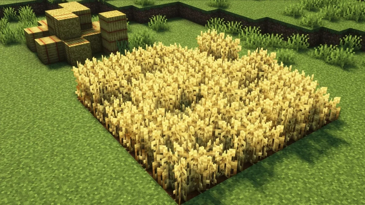 pack de texture Minecraft Fancy Crops champ de blé mature avec balles de foin retexturées en arrière-plan