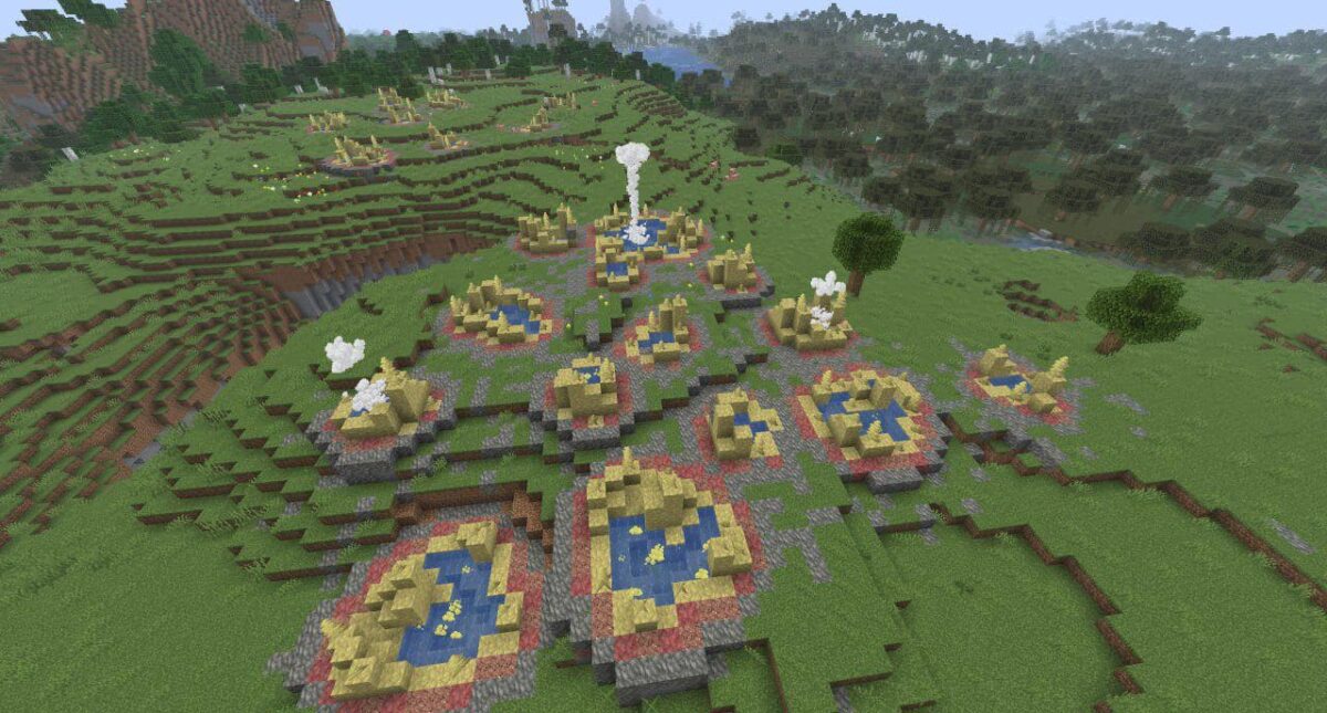 Vue panoramique de plusieurs sources sulfureuses générées en surface dans la snapshot Minecraft, avec leurs bassins bleus, leurs dégradés colorés et plusieurs geysers actifs.