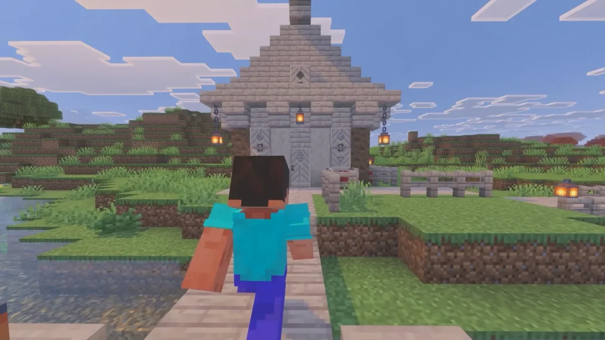 Minecraft bâtisse construite en planches de peuplier gris dans une plaine herbeuse