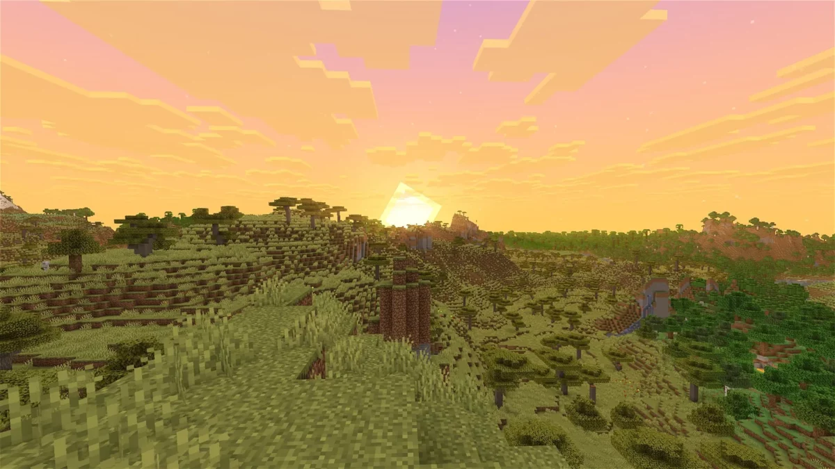 shader Minecraft I Like Vanilla coucher de soleil sur un paysage de savane et de plaines arborées