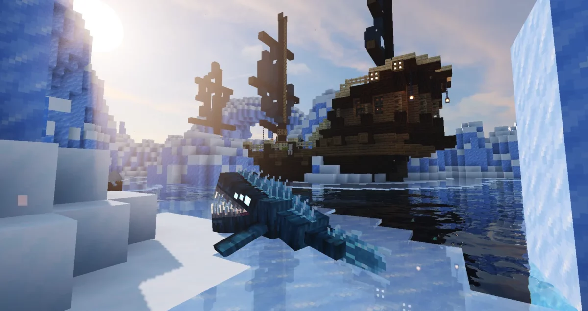 mod Minecraft Aquamirae creature marine aux ecailles bleues et nombreux yeux brillants a proximite d'un navire echoue