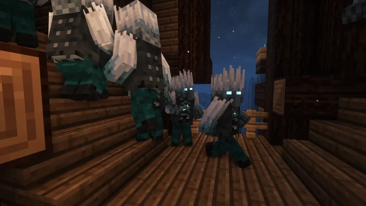 mod Minecraft Aquamirae creatures hostiles aux yeux phosphorescents et longs bras blancs sur le pont d'un navire