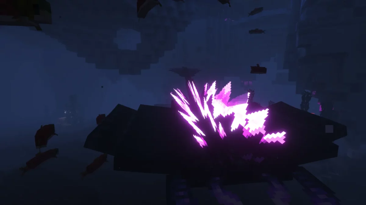 mod Minecraft Aquamirae cristaux roses brillants au fond de l'eau entoures de poissons rouges des abysses