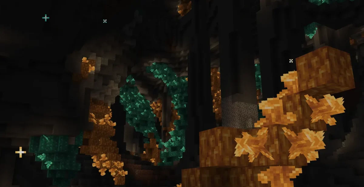 mod Minecraft Galosphere biome Crystal Canyons avec cristaux d'allurite cyan et de lumiere dorée sur les parois