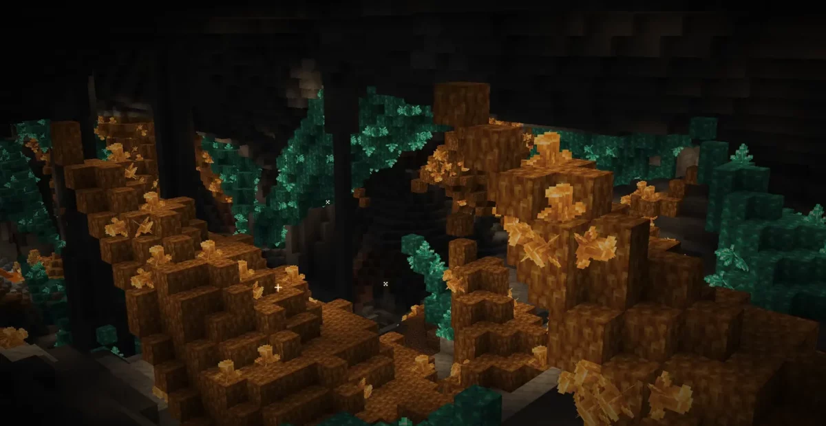 mod Minecraft Galosphere vue large des Crystal Canyons avec amas de cristaux et formations rocheuses orangées
