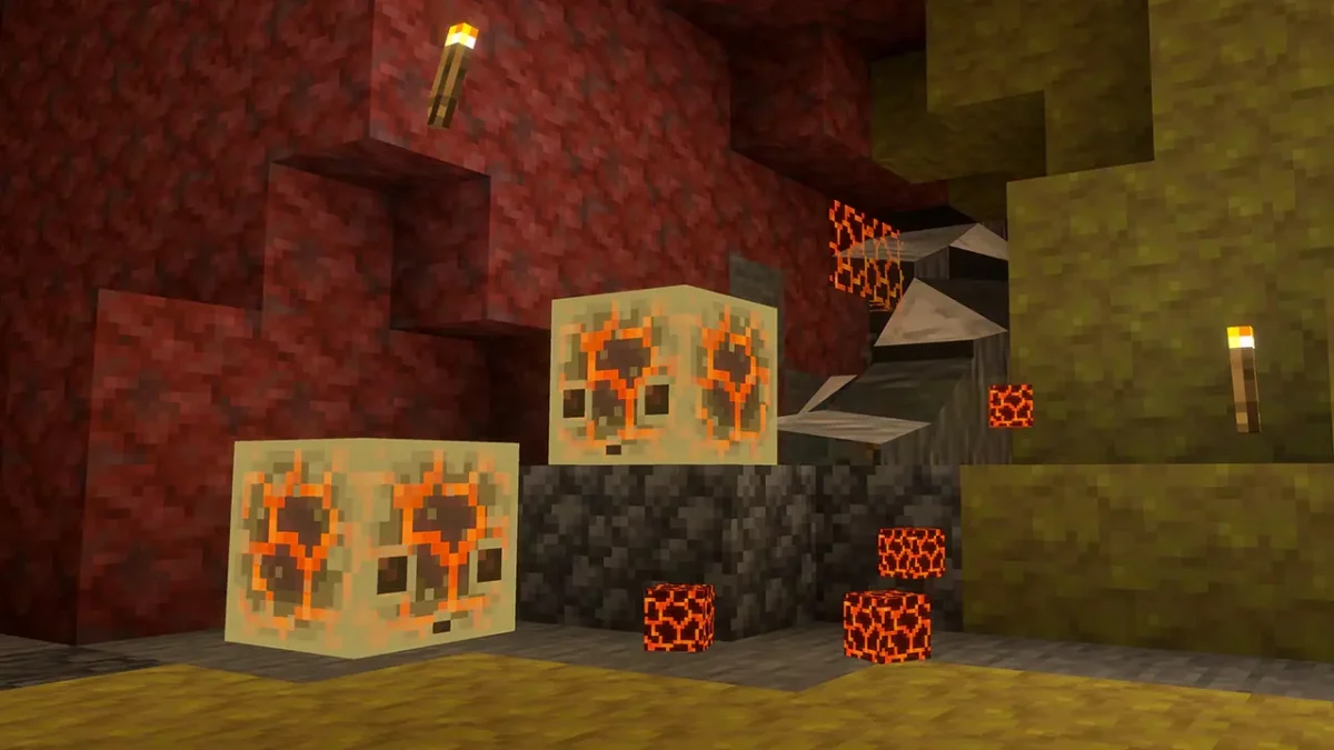 Deux cubes de soufre devenus brûlants après avoir avalé un bloc de magma dans la snapshot Minecraft.