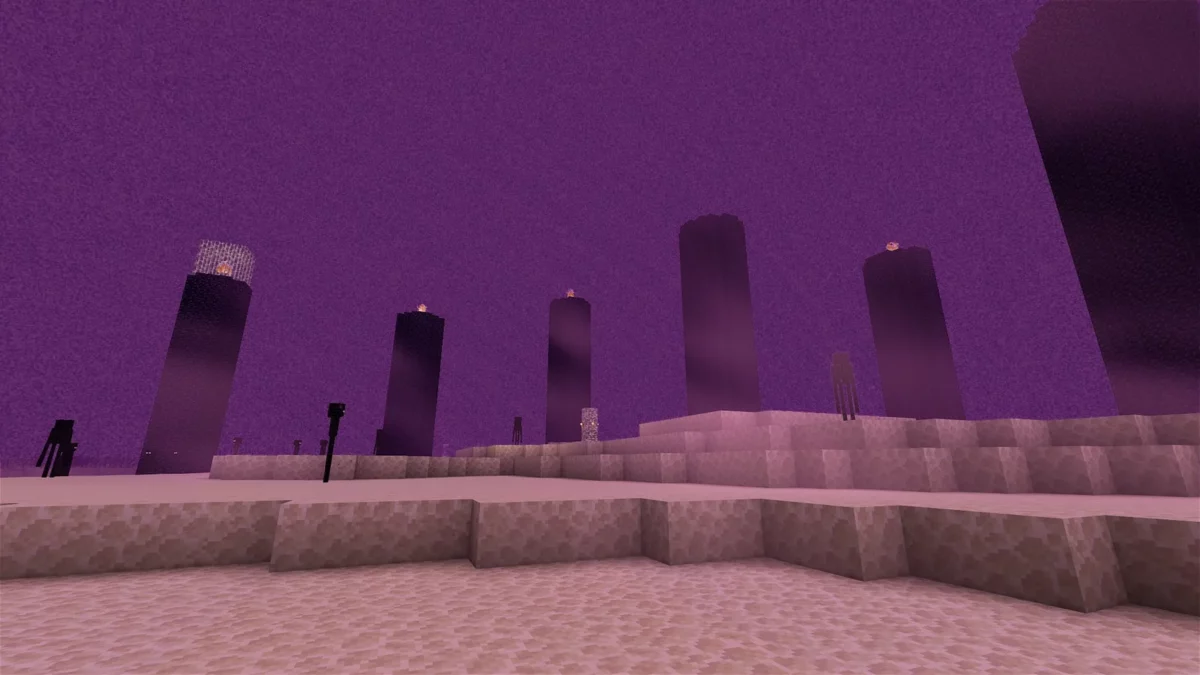 shader Minecraft I Like Vanilla vue de la dimension de l'End avec plusieurs endermen et des piliers d'obsidienne