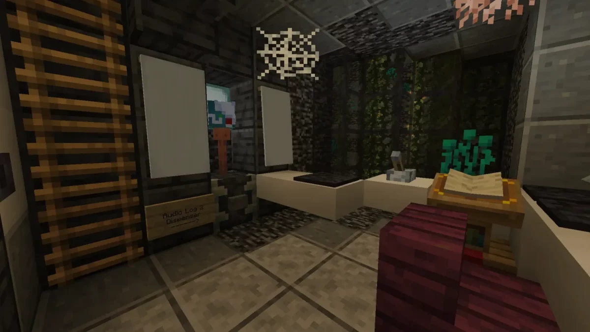 map Minecraft Mosslorn salle avec distributeur d audio log et lutrin servant a reconstituer le lore cache