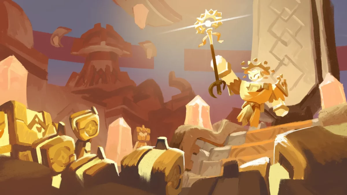 Concept art d'un gardien doré tenant un sceptre dans un donjon d'Aether Legends Minecraft