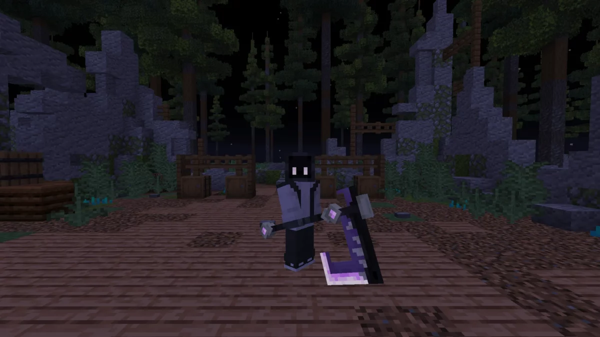 Dragon Scythe du mod Minecraft Boss Blades 2.0 tenue par un personnage dans une forêt sombre