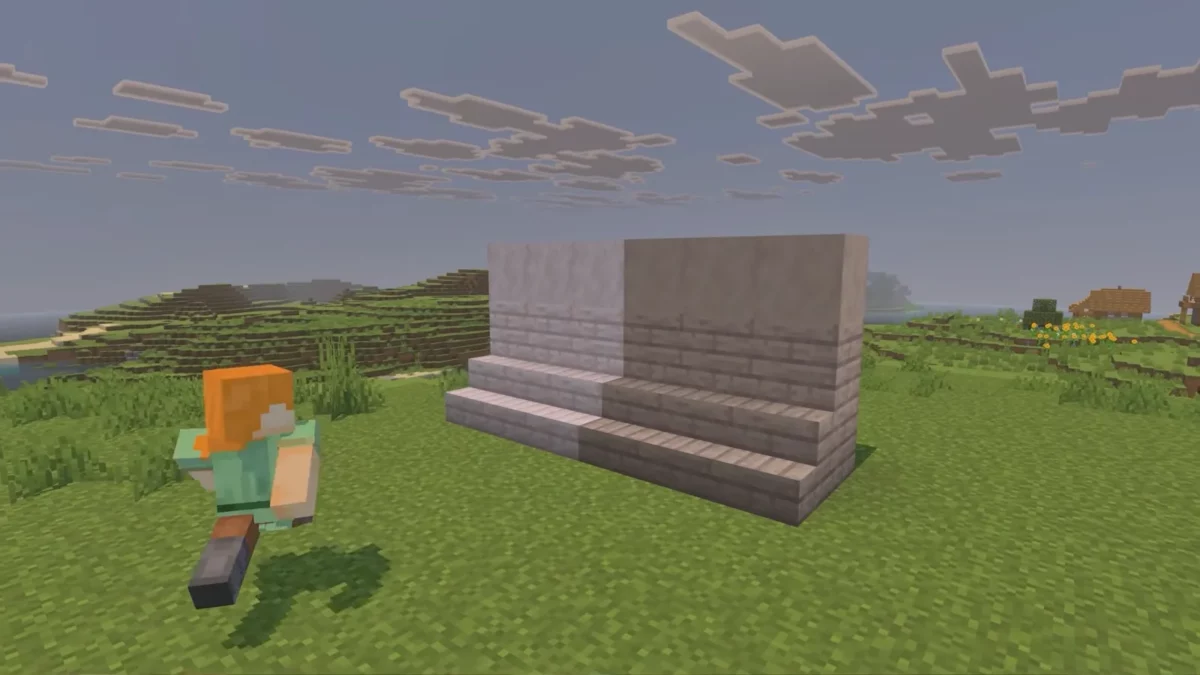 Minecraft escaliers dalles et planches de peuplier dans leurs deux teintes posés sur l'herbe