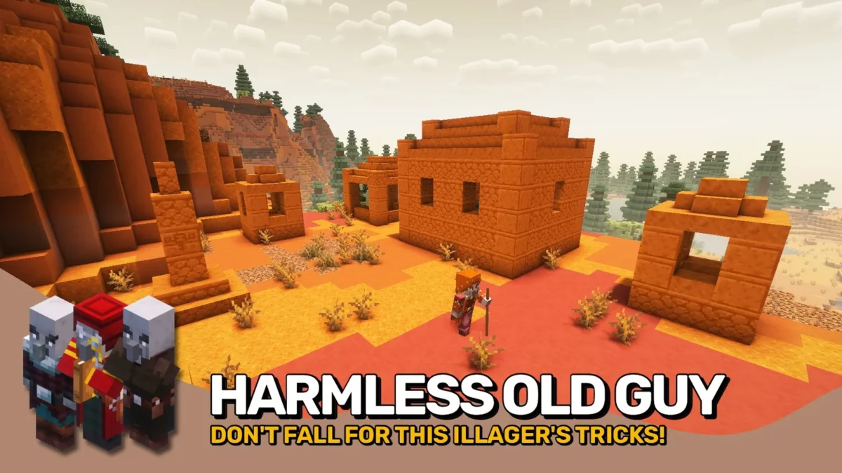 mod Minecraft Illager Invasion firecaller solitaire devant sa hutte en argile dans un biome de badlands