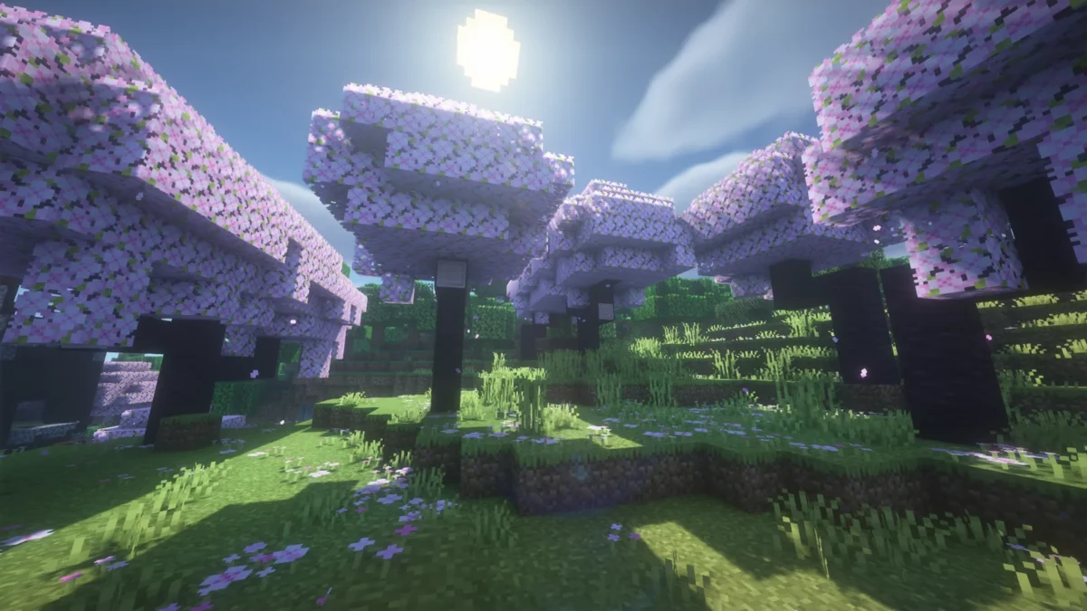 shader Minecraft I Like Vanilla forêt de cerisiers japonais en plein soleil avec une lumière chaude